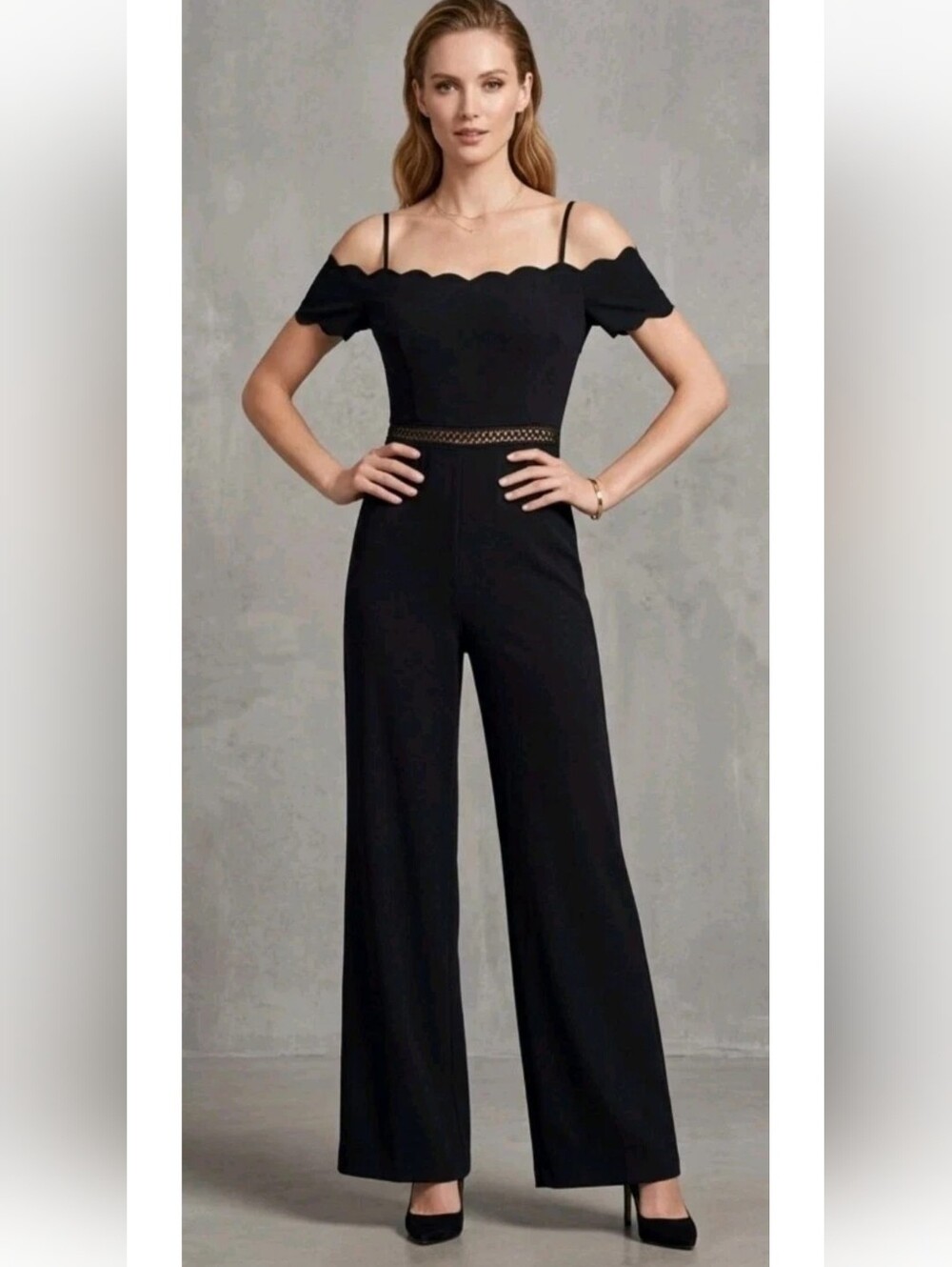 Off The Shoulder Black Jumpsuit Wide Leg Jumper Black Scalloped Edge Stretch S